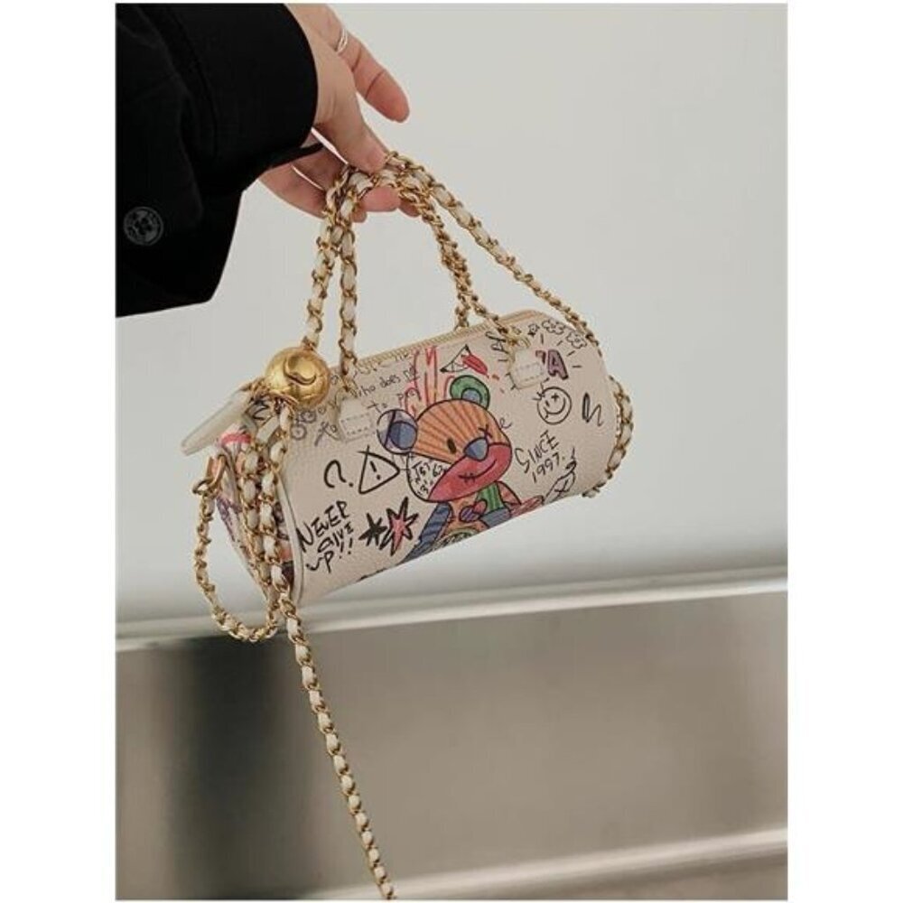 Graffiti White Vegan Leather Crossbody bag, Trendy Mini Shoulder Bag Purse - Picture 2 of 7